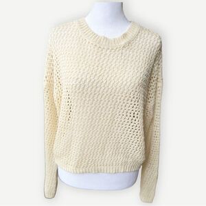 Primark Crochet Open Knit Long Sleeve Boxy Crewneck Cream Pullover Sweater. XS.